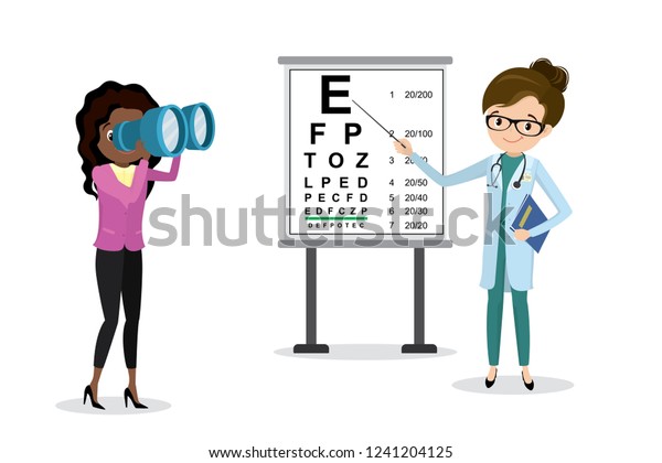 Doctora Optometrista Examina Visión Hembra Con Prismáticos Tabla Ocular Snellen Ilustración 4157