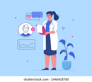 Woman doctor and patient concept. Can use for web banner, infographics, hero images.  Flat style vector illustration isolated on white background.