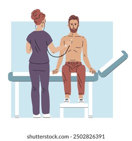 Woman doctor and patient. Therapist performs auscultation of the man breathing and heart. Medical examination in the clinic. Health care, diagnosis and prevention of diseases. Flat vector illustration