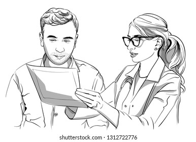 Woman doctor and patient Vector sketch storyboard. Detailed characters illustration