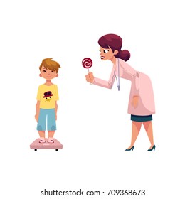 Woman Doctor, Pediatrician Giving Lollipop Reward To Boy, Child, Kid Standing On Weight Scale, Cartoon Vector Illustration Isolated On White Background. Doctor Giving Boy A Lollipop For Medical Exam