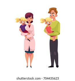 Woman doctor, pediatrician and young father holding little girl in arms, cartoon vector illustration isolated on white background. Cartoon style doctor, pediatrician and young father holding a girl