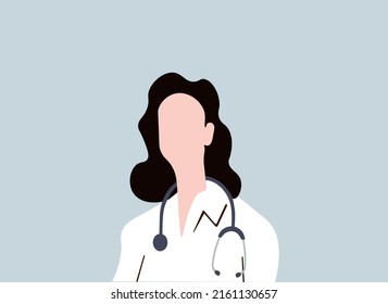 Woman doctor with phonendoscope flat vector illustration. Hospital healthcare staff isolated with stethoscope. Nurse in white robe.