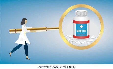 Woman, doctor, physician, pharmacist with big magnifying glass looking at medicine, prescription, pill bottle. Dimension 16:9. Vector illustration.