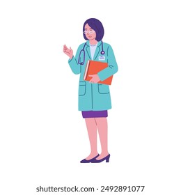 Woman doctor physician with stethoscope holding clipboard. General practitioner in medical uniform, coat. Consulting therapist, GP. Healthcare and medicine concept flat vector illustration isolated