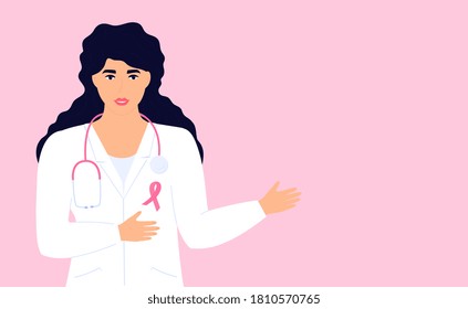 Woman doctor with pink ribbon. National Breast Cancer Awareness Month concept. Banner with copy space