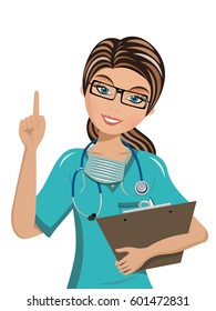 Woman Doctor pointing her finger up Isolated