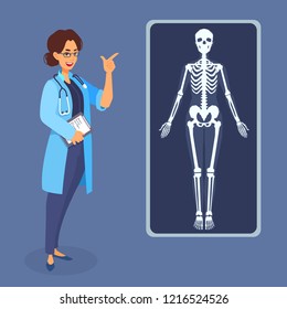 Woman doctor points her finger at the x-ray poster picture of the human body. Girl medic stands in a doctor's robe and glasses, holding a tablet, smiling. Vector flat style cartoon illustration.