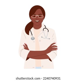 Woman doctor portrait crossed hands isolated on white background. Female physician with stethoscope smiling. African American woman therapist in medical uniform. Flat vector illustration 