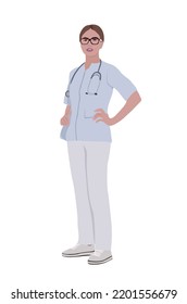 Woman doctor portrait. Female physician with stethoscope. General practitioner in medical uniform and glasses. Smiling therapist. Flat vector realistic illustration isolated on white background.