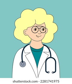 Woman doctor. Portrait of a young blonde woman in glasses, in a medical gown and with a phonendoscope. Vector color illustration.