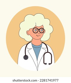 Woman doctor. Portrait of a young blonde woman in glasses, in a medical gown and with a phonendoscope. Vector color illustration.
