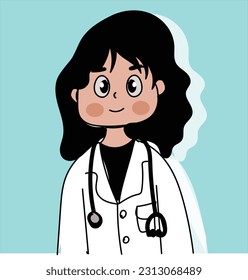Woman doctor poses cartoon flat. Cute illustration cartoon of smiling doctor wearing a stethoscope, pastel blue background