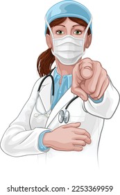 A woman doctor in PPE mask pointing in a your country needs or wants you gesture. 