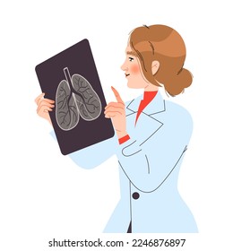 Woman Doctor or Practitioner in Uniform with Lung Screen or X-ray Engaged in Medical Examination Vector Illustration