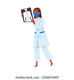 Woman Doctor or Practitioner in Uniform and Mask with X-ray Engaged in Medical Examination Vector Illustration