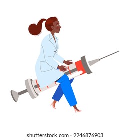 Woman Doctor or Practitioner in Uniform Sitting on Syringe Engaged in Medical Examination Vector Illustration