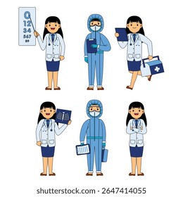 Personagem de Profissão Médica Mulher. Coloque um médico bonito. Médicos da equipe. Ilustração vetorial em estilo cartoon.