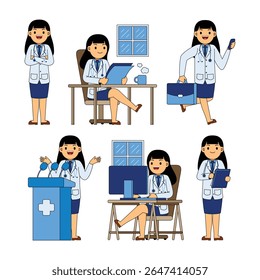 Personagem de Profissão Médica Mulher. Coloque um médico bonito. Médicos da equipe. Ilustração vetorial em estilo cartoon.