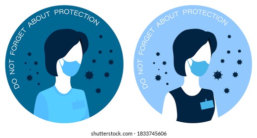 Woman doctor in protective medical mask on her face. Sticker, element of poster about prevention of spread of diseases. Reminder to wear protective mask. Vector