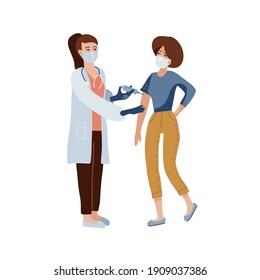 Woman doctor in protective medical mask and uniform holding syringe and making injection to young female patientc. Vaccination, Covid-19 coronavirus vaccine concept. flat vector isolated illustration