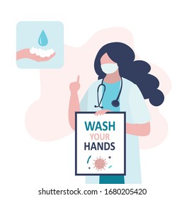 Woman doctor recommends washing your hands. Cartoon female character in white coat and protective mask, thumb up. Coronavirus protective measures.Prevention of viral infection.Flat vector illustration