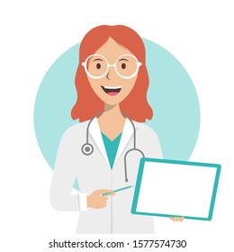 Woman doctor with a red hair holding a white sheet of paper in her hand with copy space, vector illustration isolated on white background. Female doctor therapist points to a white sheet of paper. 