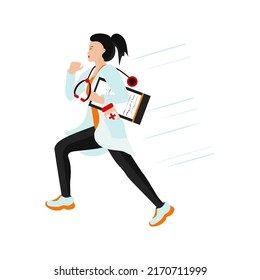 A woman doctor runs to help. The medical worker is in a hurry. Vector illustration in a flat style.