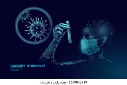 Woman doctor scientists hold test tube. Safety medical mask virus protection vaccine. Developing pandemic coronavirus pneumonia treatment. Healthcare immunization research vector illustration