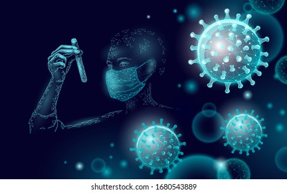 Woman doctor scientists hold test tube. Safety medical mask virus microscope vaccine. Developing pandemic coronavirus pneumonia treatment. Healthcare immunization research vector illustration
