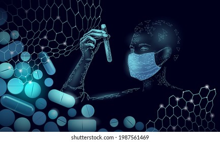 Woman doctor scientists hold test tube. Safety medical mask virus capsule vaccine drug. Developing pandemic coronavirus pneumonia treatment. Healthcare immunization research vector illustration