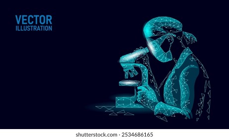 Doctora científica con microscopio. Vacuna de microscopio de virus de mascarilla médica de seguridad. Desarrollo de tratamiento de bacterias con virus pandémicos. Ilustración vectorial de investigación sobre inmunización sanitaria