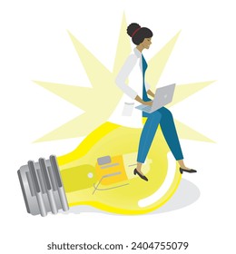 Woman doctor with shiny idea, sitting on glowing lighbulb with laptop. Isolated. Vector illustration.