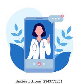 Woman doctor with short hair. Doctor online. Consultation with a doctor using a mobile phone or application. Vector illustration in flat cartoon style. The concept of protection and medicine.