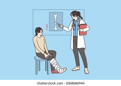 Woman Doctor Show Xray Of Broken Leg Of Young Girl Patient At Consultation In Hospital. Female GP Consult Injured Client About Trauma. Injury And Recovery, Rehabilitation. Vector Illustration. 