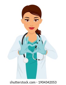 A woman doctor shows her heart with her hands. Suitable banner, flyer. Vaccination of people. Isolated vector characters in cartoon.