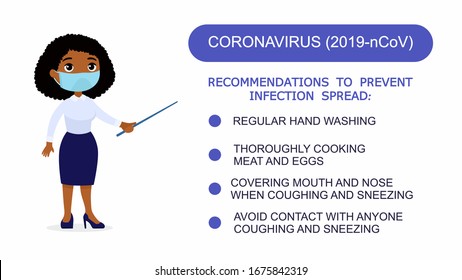 Woman doctor shows a list of recommendations for protection against coronavirus. Character with a medical mask on her face. Virus protection infographics. Vector illustration on a white background.