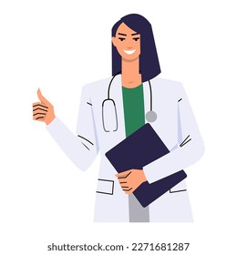 La doctora muestra el pulgar hacia arriba. Gesto de aprobación, genial, bueno. Trabajador médico con un abrigo blanco con estetoscopio. Mantiene el portapapeles. El vector plano se aísla sobre fondo blanco.