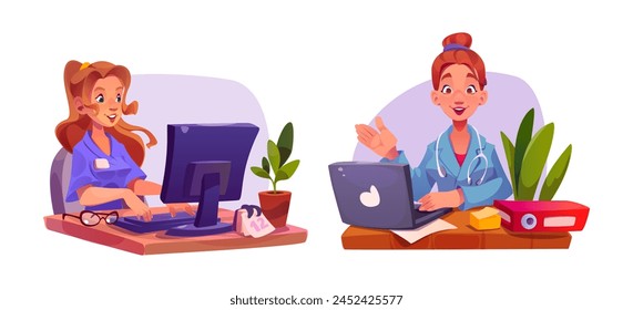 Mujer doctora sentada en la mesa con la computadora. Conjunto de Ilustración vectorial de dibujos animados de mujer especialista médico que trabaja en el escritorio con el ordenador portátil y la pantalla de la PC. Médicos en uniforme hospitalario con estetoscopio.