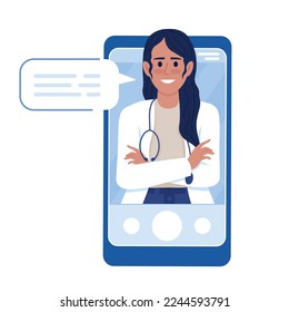 Woman doctor in smartphone flat concept vector illustration. Online consultation. Editable 2D cartoon characters on white for web design. Telemedicine creative idea for website, mobile, presentation