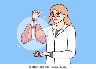 Woman doctor with smile demonstrates lungs of person offering to undergo medical examination of body. Medic in white coat recommends paying attention to lungs diseases bronchitis and tuberculosis