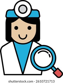 A woman doctor is smiling and holding a magnifying glass. Concept of curiosity and a friendly, approachable demeanor