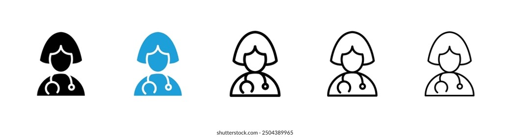 Vector sólido del icono del doctor de la mujer fijado en color blanco y negro