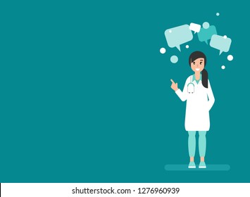 Woman doctor with speech bubbles on blue background. Medical internet consultation.  Healthcare consulting web service.  Hospital support online. Computer doctor. Ask doctor. Vector flat illustration