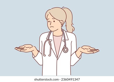 Woman doctor spreads hands, dressed in white medical gown, demonstrates inability to diagnose and cure patient. Upset doctor with stethoscope around neck has doubts about possibility saving patient