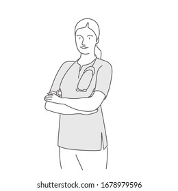 Woman doctor stand with his arms crossed. Hand drawn vector illustration.