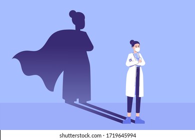 Woman Doctor Standing Confidently And Superhero Shadow Appears Behind On The Wall. Fighting Against Coronavirus Pandemic. Strong. Courage. Brave. Saving Life Medical Concept. Vector Illustration
