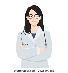 Mujer doctora de pie con estetoscopio con las manos dobladas. Ilustración vectorial plana aislada sobre fondo blanco