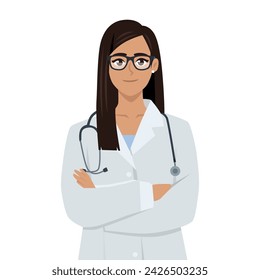 Woman doctor standing with stethoscope with folded hands. Flat vector illustration isolated on white background