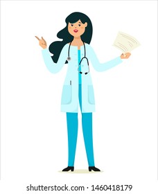 Woman doctor with a stethoscope in cartoon style. Vector character on white background